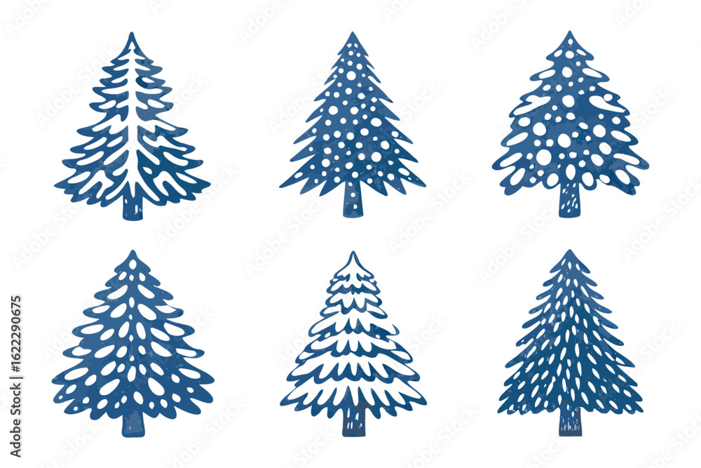 Obraz premium Festive Forest Collection: A collection of artistic and hand-drawn illustrations showcases a variety of Christmas trees, perfect for holiday-themed designs. 