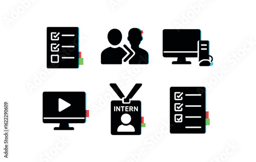 six different glitch effect illustration isolated on white backgorund intern onboarding checklist intern mentorship pairing form intern workstation setup kit intern training video module
