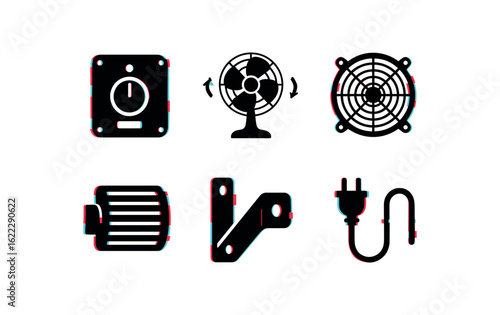 six different glitch effect illustration isolated on white backgorund industrial fan control panel industrial fan oscillation hub industrial fan filter mesh industrial fan noise suppressor