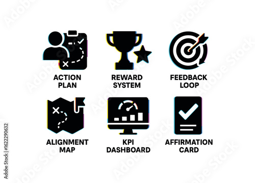 six different glitch effect illustration isolated on white backgorund goal setting action plan goal setting reward system goal setting feedback loop goal setting alignment map goal setting