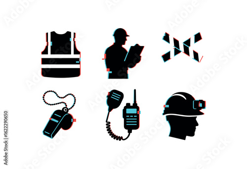 six different glitch effect illustration isolated on white backgorund safety officer vest reflector safety officer inspection clipboard safety officer hazard tape safety officer whistle