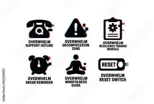 six different glitch effect illustration isolated on white backgorund overwhelm support hotline number overwhelm decompression zone sign overwhelm resilience training module overwhelm break