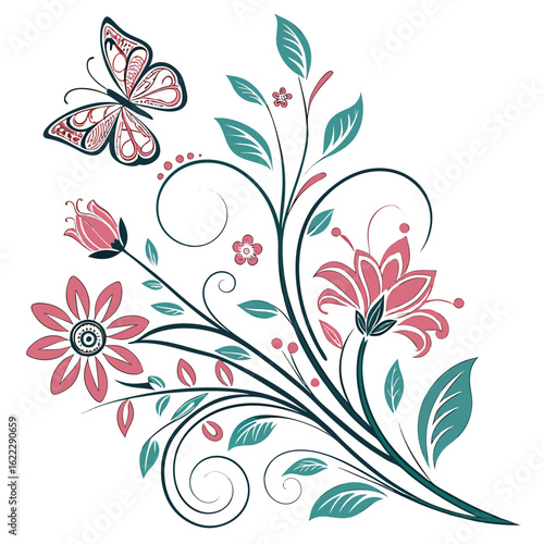 Floral Symphony: An elegant floral arrangement, adorned with a graceful butterfly, blossoms in a burst of delicate color, creating a visual poem of nature's artistry.