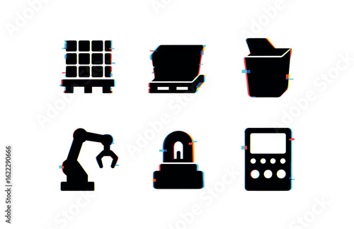 six different glitch effect illustration isolated on white backgorund sorting station sensor grid sorting station pallet accumulator sorting station reject bin sorting station robotic