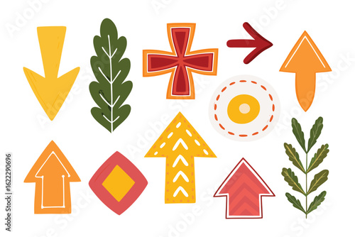 Directional Design: An array of artistic directional elements showcasing a curated collection of colorful arrows, symbols, and botanical accents