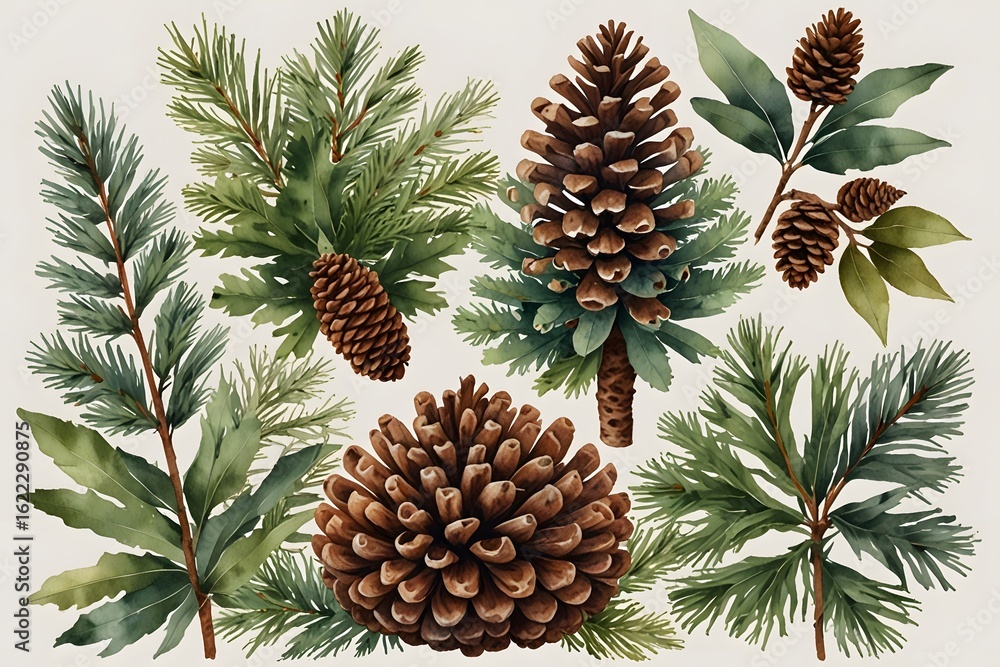 Fototapeta premium Nature-inspired pinecones and foliage in watercolor style
