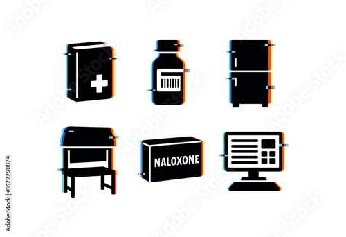 six different glitch effect illustration isolated on white backgorund pharmacist formulary binder volume pharmacist barcoded bottle labeler pharmacist refrigerated storage unit pharmacist