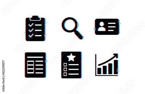 six different glitch effect illustration isolated on white backgorund diligence task checklist pad diligence magnifying loupe lens diligence audit trail record diligence timesheet entry