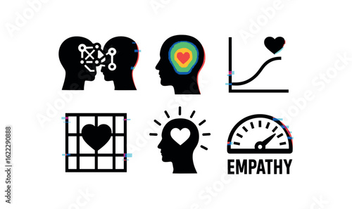 six different glitch effect illustration isolated on white backgorund empathy mirror neuron network empathy heatmap overlay empathy response curve empathy training module empathy resonance
