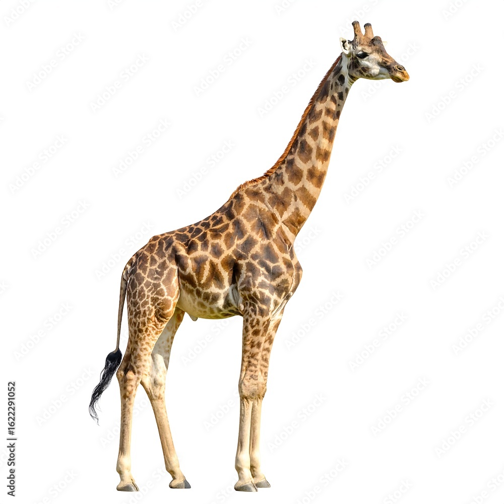 Fototapeta premium A giraffe stands against a white background. Its coat displays distinctive brown patches