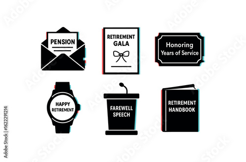 six different glitch effect illustration isolated on white backgorund pension letter packet retirement gala invitation commemorative plaque retirement watch engraving farewell speech podium