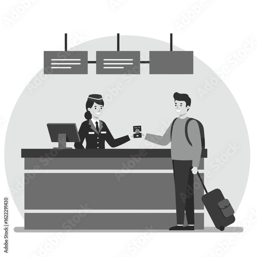A male traveler checks in with a smiling airline employee at the airport counter, holding his passport and boarding pass in a modern flat illustration.