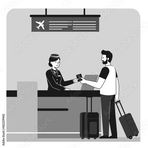 A passenger checks in for their flight at the airport counter, presenting identification to the airline attendant for travel processing.