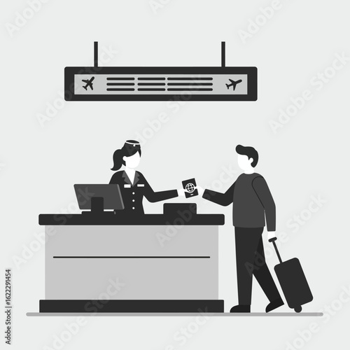 A traveler presents their passport to a check-in attendant at an airport counter, preparing for an international flight with luggage in tow.