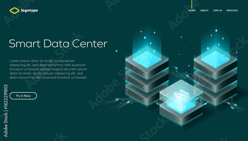 Wallpaper Mural Futuristic data center interface featuring glowing server stacks, sleek UI elements, and a button. Ideal for technology, IT services, and innovation-themed content. Torontodigital.ca