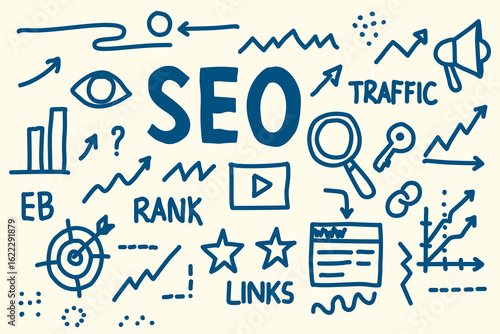 Hand-drawn SEO doodle icon set. Includes search engine optimization elements such as ranking, traffic, analytics, links, and marketing symbols. Perfect for digital marketing, website development.