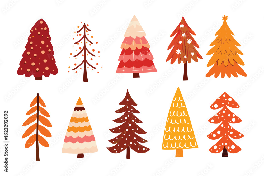 Obraz premium Festive Forest: A vibrant array of hand-drawn Christmas trees, each exuding its unique festive charm. Perfect for holiday design needs.