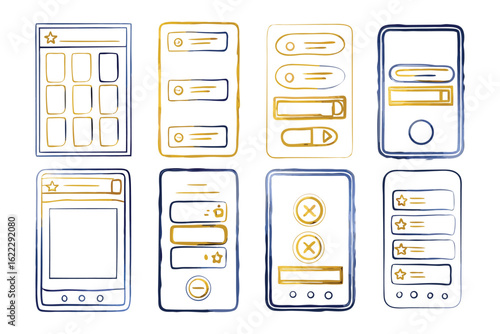 Mobile App Interface Designs: A collection of illustrated mobile app interfaces showcases diverse design concepts.