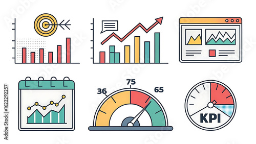 A collection of business charts and graphs representing data analysis and performance tracking metrics