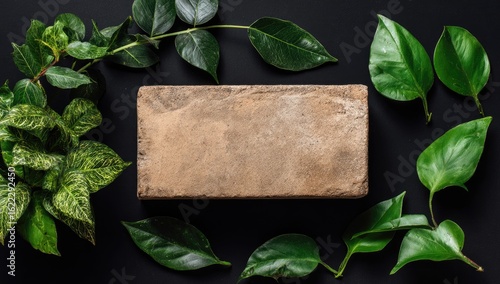 Rectangular tan brick surrounded by vibrant green leaves on a black surface