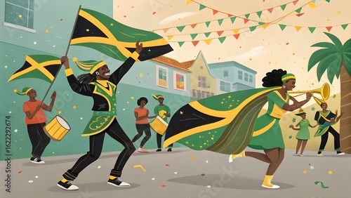 Vibrant jamaican carnival celebration with people waving flags and music