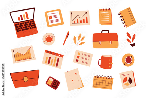 Office Supplies Array: A collection of office supplies, meticulously arranged, represents productivity and efficiency in a workspace. 