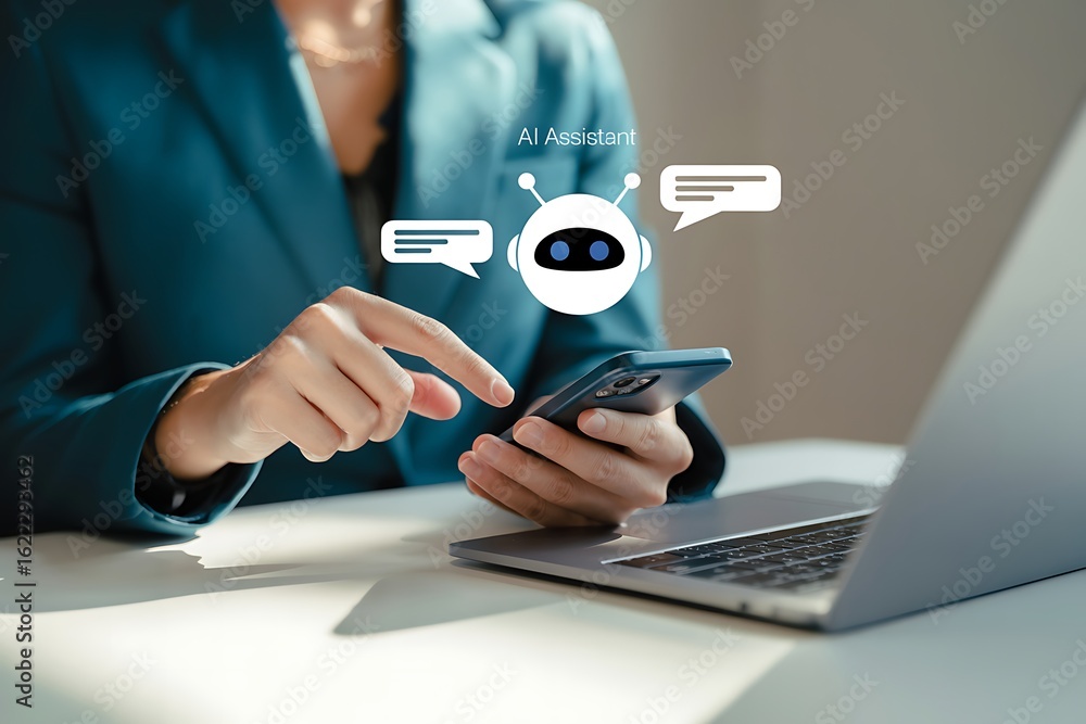 Fototapeta premium Person using smartphone with ai chatbot interface and laptop