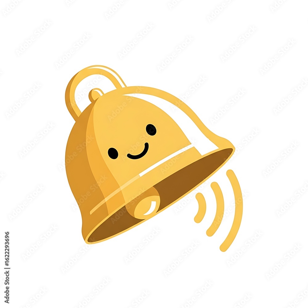 Fototapeta premium A charming golden bell with a smiling face and sound waves emanating from its lower right side area