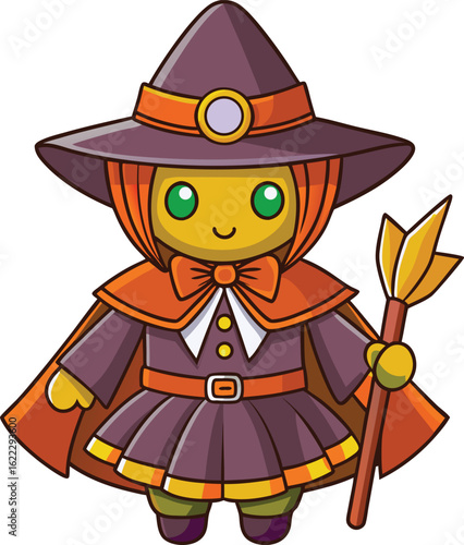 Halloween Witch Costume with Hat, Cape, and Broom – Flat Vector