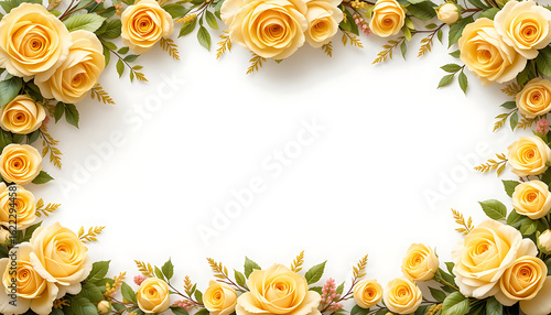 Elegant floral frame with beautiful yellow roses and leaves.