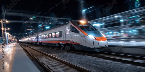 High-Speed Train in Motion at Night Station