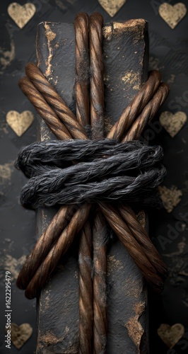 Dark, aged block wrapped in twine