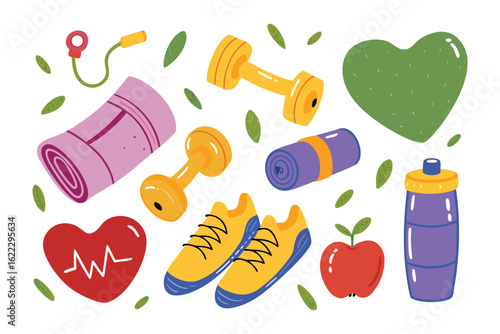 Fitness and Wellness Collection: A dynamic collection of fitness essentials including dumbbells, yoga mat, shoes, a heart icon, apple, and a water bottle.