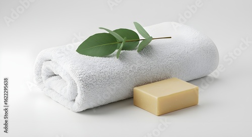 White Rolled Towel with Natural Soap and Green Eucalyptus Leaf
