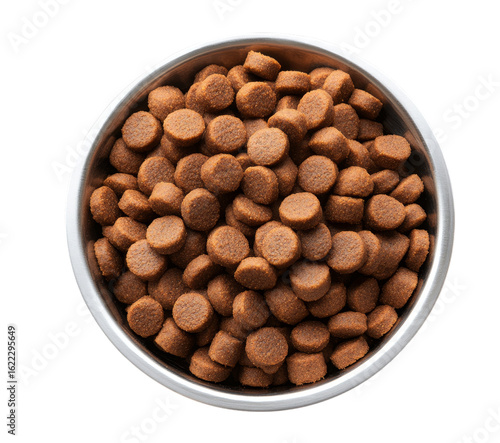 Top down view of a bowl filled with dog food kibble isolated on transparent background