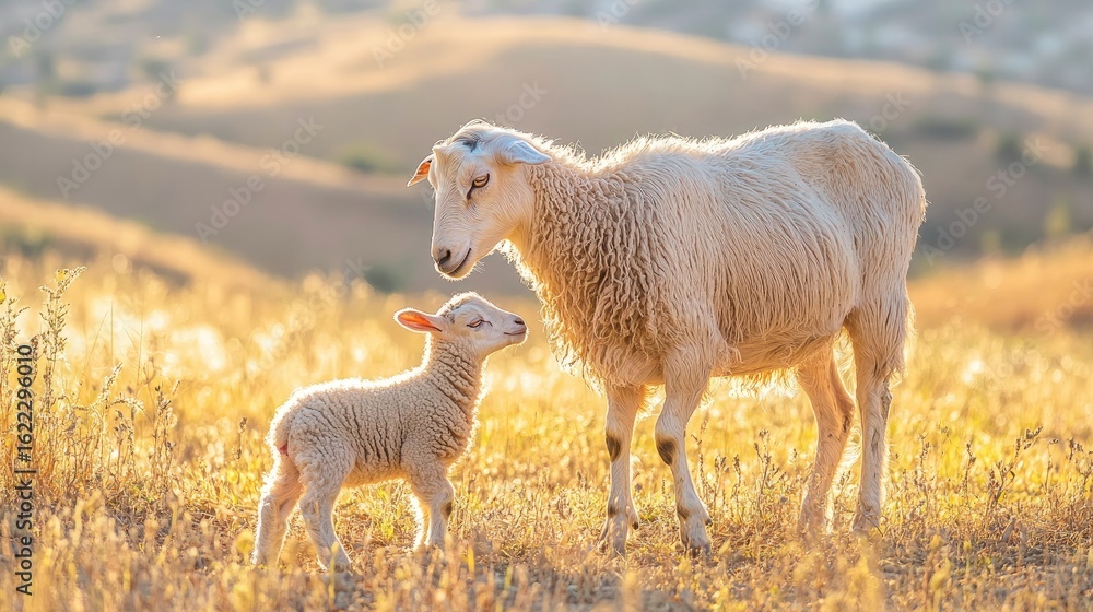 Obraz premium Mother sheep and lamb in golden field