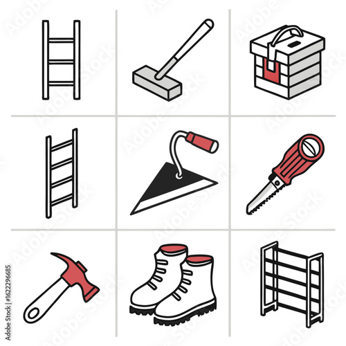 Illustration Vector Set Construction Building Tools Minimalist Design with Ladder Trowel Hammer Boots Saw and Box in Black White and Red