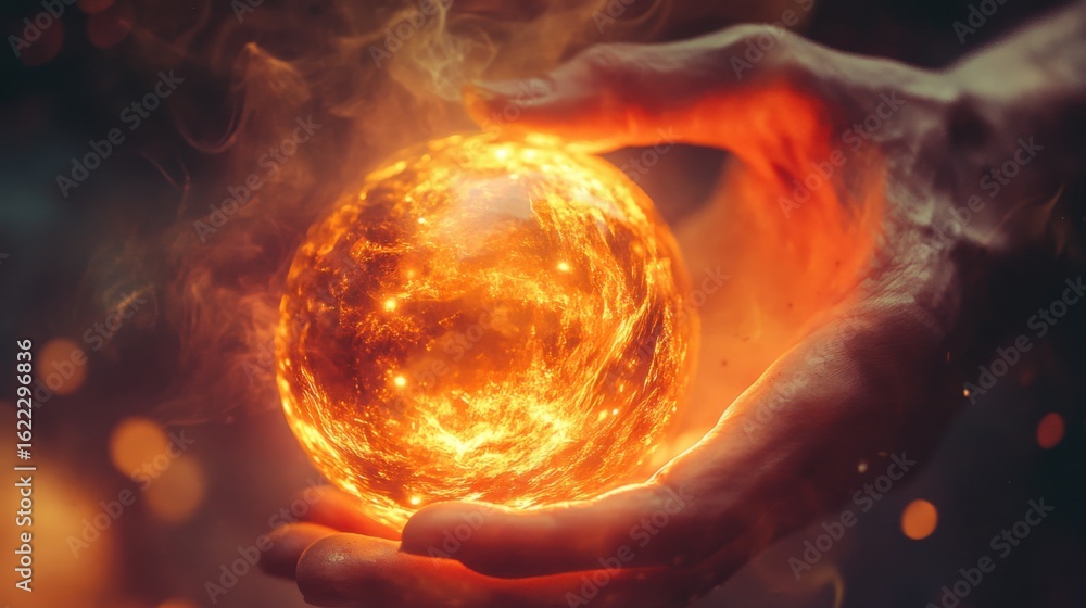 Fototapeta premium Fiery orb held within cupped hands.