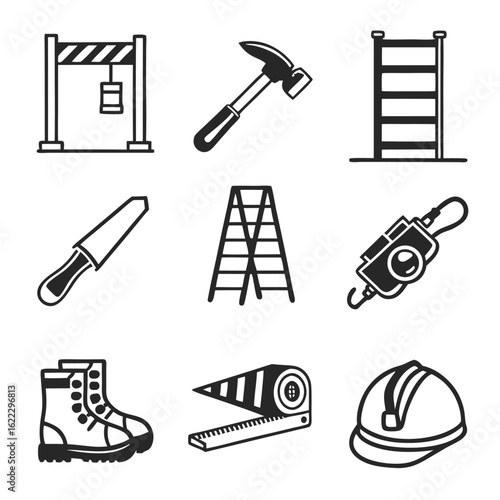 Icon Set Vector Collection of Construction Tools Hammer Ladder Boots and Safety Helmet Minimalist Black and White Design