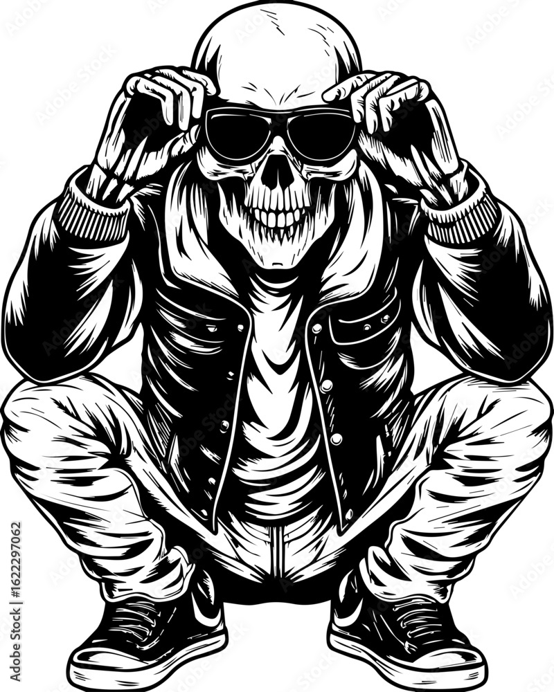 Fototapeta premium SVG of a rapper-themed skull and skeleton in an edgy tattoo style. Cool Skeleton Figure Wearing Sunglasses in Urban Style Outfit
