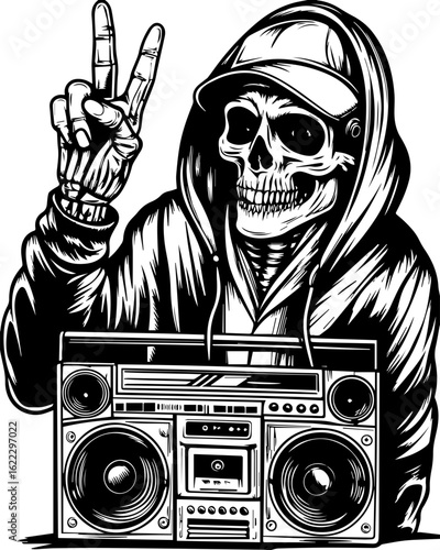 SVG of a rapper-themed skull and skeleton in an edgy tattoo style. Skull with Hoodie Making Peace Sign and Retro Boombox Illustration
