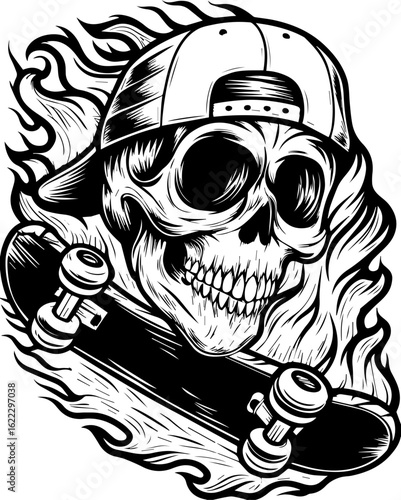 SVG of a rapper-themed skull and skeleton in an edgy tattoo style. Skull with Flames and Skateboard in Vintage Style Artwork