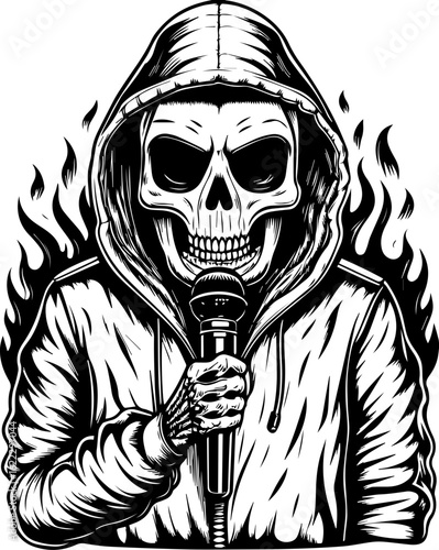 SVG of a rapper-themed skull and skeleton in an edgy tattoo style. Skull Character with Microphone in Flames, Dark Art, Black and White