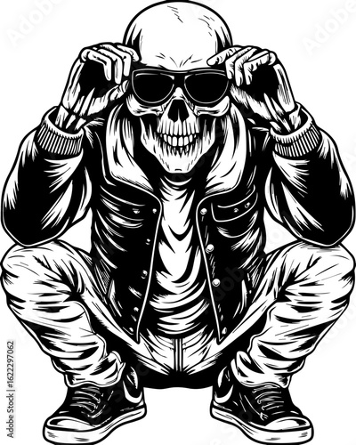 SVG of a rapper-themed skull and skeleton in an edgy tattoo style. Cool Skeleton Figure Wearing Sunglasses in Urban Style Outfit
