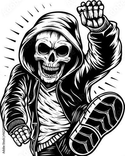 SVG of a rapper-themed skull and skeleton in an edgy tattoo style. Skeleton Character in Hoodie with Raised Fist and Energetic Pose