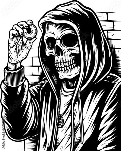 SVG of a rapper-themed skull and skeleton in an edgy tattoo style. Hooded Skeleton Holding a Cookie in a Urban Graffiti Setting
