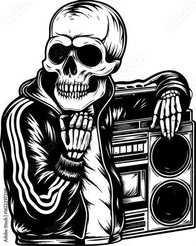 SVG of a rapper-themed skull and skeleton in an edgy tattoo style. Skull Character with Boombox in Retro Apparel Style Design