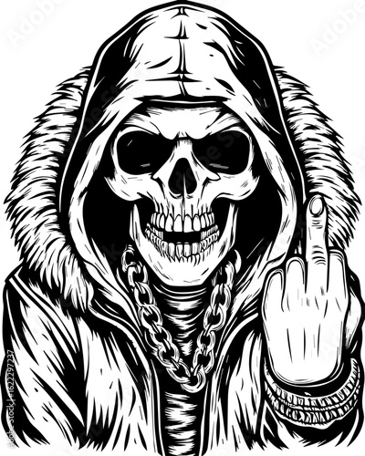 SVG of a rapper-themed skull and skeleton in an edgy tattoo style. Skull Character in Hoodie Making Gesture in Black and White Style