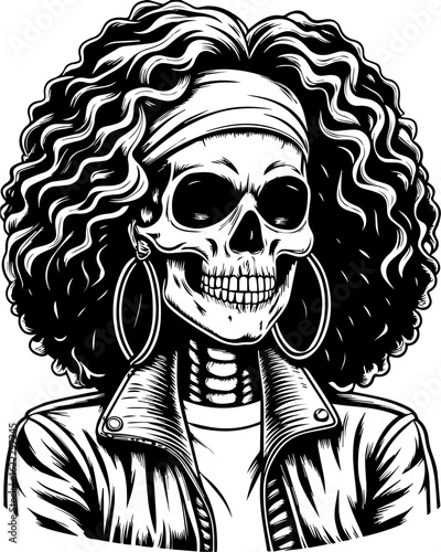 SVG of a rapper-themed skull and skeleton in an edgy tattoo style. Stylish Skeleton with Curly Hair and Earrings in Graphic Art Style