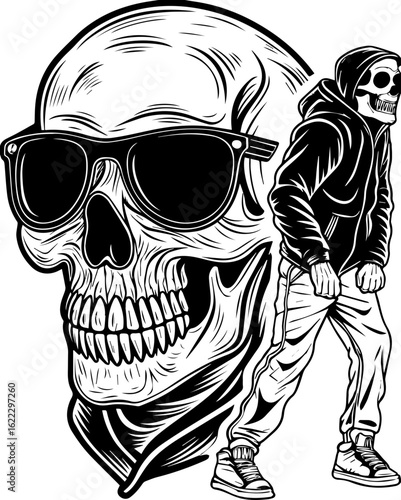 SVG of a rapper-themed skull and skeleton in an edgy tattoo style. Skull Illustration with Sunglasses and Urban Style Character